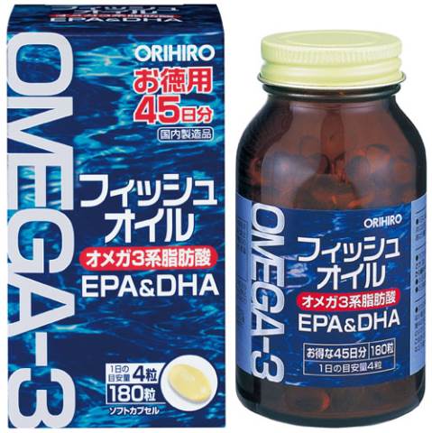 オリヒロ　フィッシュオイル　EPA＆DHA　180粒○リニューアル等により、パッケージ画像は予告なく変更されることがあります。お届けの商品と異なる場合がございますのでご了承ください。○EPA・DHAを含むイワシ・マグロ・カツオ由来の魚油を魚の苦手な方にもご利用しやすいようソフトカプセルに詰めた食品です。食事の偏りが気になる方や魚嫌いの方、健康が気になる方などの栄養補助食品としてお召し上がりください。※キャップの色は異なる場合がございます。食べ方●1日4粒を目安に水またはお湯と共にお召し上がりください。●のどに違和感のある場合は水を多めに飲んでください。●初めてご利用いただくお客様は少量からお召し上がりください。●1日の摂取目安量をお守りください。原材料EPA・DHA含有精製魚油／ゼラチン、グリセリン、酸化防止剤（V．E）問い合わせ先オリヒロプランデュ株式会社0120−534−455