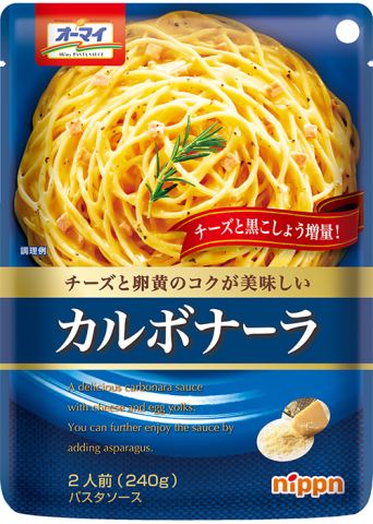 オーマイ　カルボナーラ　240g○リニューアル等により、パッケージ画像は予告なく変更されることがあります。お届けの商品と異なる場合がございますのでご了承ください。○チーズと卵黄のコクが味わい深い、クリーミーなパスタソースです。原材料ベーコン、食塩、チーズパウダー、ベーコン風味調味料、チーズ（パルメザンチーズ使用）、卵黄加工品（卵黄、食塩）、こしょう、増粘剤（加工でん粉）、調味料（アミノ酸）、酸味料、発色剤（亜硝酸Na）、香料、着色料（カロチノイド）、（原材料の一部に小麦、大豆、豚肉を含む）栄養成分（120gあたり）エネルギー　81kcalたんぱく質　2．2g脂質　5．2g炭水化物　6．4gカリウム　34．8mgリン　60mg食塩相当量　2．7g問い合わせ先日本製粉株式会社〒102−0083　東京都千代田区麹町4−80120−184−157