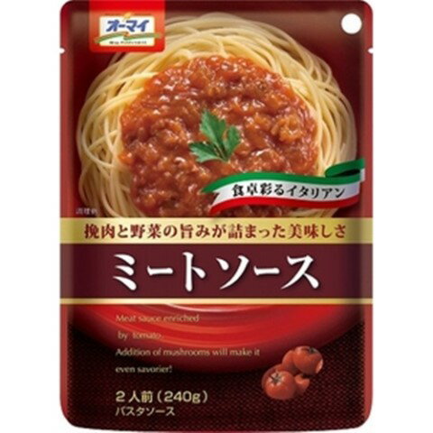 オーマイ　ミートソース　240g○リニューアル等により、パッケージ画像は予告なく変更されることがあります。お届けの商品と異なる場合がございますのでご了承ください。○合挽肉とトマト、香味野菜が織りなすコク深いミートソースです。原材料野菜（玉ねぎ、にんじん）、トマトペースト、食肉（牛肉、豚肉）、植物油脂、砂糖、食塩、酵母エキス、チキンシーズニングパウダー、にんにくペースト、香辛料、酵母エキス調味料、増粘剤（加工でん粉）、調味料（アミノ酸等）、着色料（カラメル、他栄養成分120gあたりエネルギー（kcal）　84．0たんぱく質（g）　2．6脂質（g）　3．6炭水化物（g）　10．3ナトリウム（mg）　935．0問い合わせ先日本製粉株式会社〒102−0083　東京都千代田区麹町4−80120−184−157