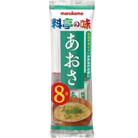 生みそ汁　料亭の味　あおさ　17g×8食○リニューアル等により、パッケージ画像は予告なく変更されることがあります。お届けの商品と異なる場合がございますのでご了承ください。○国産あおさ使用。信州淡色系みそにあおさの香りをいかせるようにだしを調整し加えました。あおさを調味みそに練りこんでいる為、お湯で溶くだけで簡単におみそ汁がめしあがれます。内容量136グラムサイズ幅22×高さ230×65mm原材料米みそ、かつおエキス、昆布エキス、ひとえぐさ、食塩、かつお節粉末／酒精、調味料（アミノ酸等）、香料、（一部に大豆を含む）栄養成分1食17g当たりエネルギー30kcal、たんぱく質1．8g、脂質0．8g、炭水化物3．4g、食塩相当量1．7g保管上の注意直射日光を避け、涼しいところで保存してください。製造元マルコメ株式会社問い合わせ先マルコメ0120−85−5420