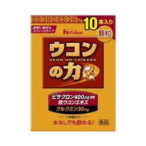 ウコンの力　顆粒〈10本入〉［ウコンの力　ウコン］○リニューアル等により、パッケージ画像は予告なく変更されることがあります。お届けの商品と異なる場合がございますのでご了承ください。○・秋ウコンの健康成分を凝縮した秋ウコンエキスを配合したウコンエキスドリンクです。・微細化加工したウコン色素原料「微細化クルクミン」を30mg配合（1本当たり）・ウコンの成分「ビサクロン」を400μgを配合し（1本当たり）、「ウコンの力」のサポート力をパワーアップ！・口のなかでさらっと溶ける飲みやすい顆粒です。さっと飲めて携帯にも便利なスティックタイプです。食べ方1日1袋を目安に、水などの飲み物といっしょにお召し上がりください原材料乳糖、でんぷん、水あめ、秋ウコンエキス、ウコン色素、イノシトール、酸味料、ナイアシン、ビタミンC、ビタミンE、香料、ビタミンB6、甘味料（スクラロース）栄養成分1本（1．5g）当たりエネルギー・・・5．5kcaLたんぱく質・・・0．020〜0．080g脂質・・・0〜0．030g炭水化物・・・1．3g食塩相当量・・・0〜0．0010g鉄・・・0〜0．15mgビタミンB・・・1　3mgビタミンB2・・・　3mgビタミンB6・・・　3mgナイアシン・・・　14mg