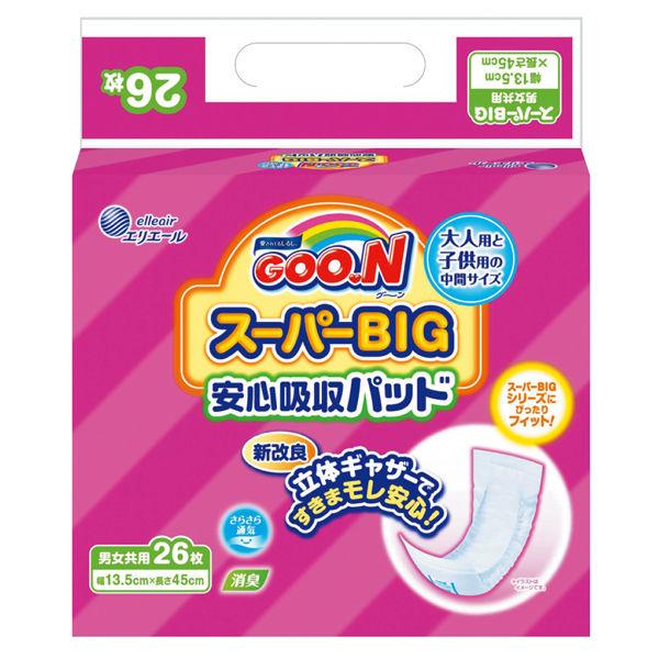 グーン スーパーBIG安心吸収パッド 26枚入○リニューアル等により、パッケージ画像は予告なく変更されることがあります。お届けの商品と異なる場合がございますのでご了承ください。○エリエールのグーン　スーパーBIGパッドタイプ　パンツ・テープのおむつにプラスして安心吸収。大きめのおむつでベビー用・大人用どちらの紙おむつも合わない方に。すきまを作らず足まわりのモレも安心。夜尿症、おねしょが心配な方も。 成分表面材：ポリオレフィン系不織布、吸水材：綿状パルプ吸収紙高分子吸収材、防水材：ポリオレフィン系フィルム、止着材：スチレン系合成樹脂等、伸縮材：ポリウレタン、結合材：スチレン系合成樹脂等 問い合わせ先大王製紙株式会社 東京都千代田区富士見二丁目10番2号　飯田橋グラン・ブルーム 03−6856−7500