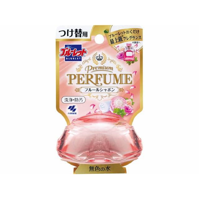 ブルーレット　プレミアムパフューム　フルールシャボン　つけ替用　70ml○リニューアル等により、パッケージ画像は予告なく変更されることがあります。お届けの商品と異なる場合がございますのでご了承ください。○洗練された香水調の香りが広がり、トイレ空間を心地よくします。洗浄成分の働きでしっかり洗浄し、便器のきれいを保ちます。※使用環境・汚れの程度により、効果が異なることがあります。※水の流れない部分の汚れは落ちません。汚れ付着防止効果で、便器の輝きを保ちます。標準的な使用で約1ヶ月間（3〜5週間）使用できます。※気温・水温・水量などにより、多少変化します。流れる水は無色です。製品はタンク内の器具をいためず、浄化槽及び浄化槽内のバクテリアや防露タンクにも影響を与えません。使用上の注意●用途外には使用しない●小児、認知症の方などの誤飲に注意する●小児、認知症の方などの手の届くところに置かない●火気の近くや直射日光の当たる所、高温になる場所で保管・使用しない●水の流れが強すぎたり水の量が多すぎると、水がはねたり、まれに容器が倒れ穴をふさぎ水があふれる場合がある。その場合はタンク横の止水栓で水量を弱めるなど調節する●使用中、本品を逆さま、横倒しにしない。万一そのような状態になった場合は、もとの位置に戻す●タンクの手洗い部分の排水口に網がある場合、手洗い部の水の流れが悪い場合、下容器が汚れてきた場合などは、水があふれるのを防ぐためにときどき網・下容器を掃除する［使用できないトイレ］●おしり洗浄機能付きトイレにも使用できますが、ごく一部、ご使用いただけないタイプ（トイレタンクの水をおしり洗浄に使うタイプ）があります●簡易水洗タイプ（汲み取り式）には使用できません保管上の注意●小児、認知症の方などの手の届くところに置かない●火気の近くや直射日光の当たる所、高温になる場所で保管・使用しない製造元小林製薬株式会社問い合わせ先小林製薬株式会社541−0045大阪市中央区道修町4−4−10お客様相談室0120−5884−07受付時間9：00−17：00（土日祝日を除く）原産国日本広告文責中部薬品株式会社0120-937-190