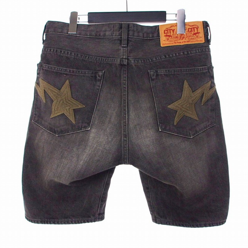 【中古】アベイシングエイプ A BATHING APE sta shorts BAPESTA 刺繍 デニム ハーフパンツ ショートパンツ ショーツ M ブラック 黒 メンズ 【ベクトル 古着】 250923