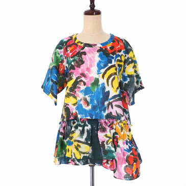 【中古】未使用品 マルニ MARNI 20SS S/S CREW NECK BLOUSE 花柄 総柄 プリント チュニック ペプラム ブラウス リネン 半袖 40 マルチカラー CAMA0327A0 国内正規 レディース 【ベクトル 古着】 220215