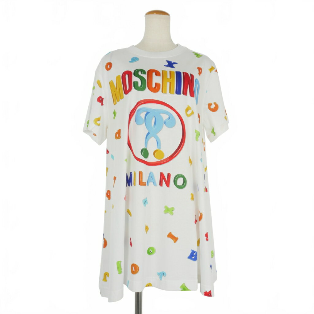 【中古】モスキーノ MOSCHINO ダブルクエスチョン プリント カットソー ワンピース チュニック 36 ホワイト 白 A0445 レディース 【ベクトル 古着】 240825