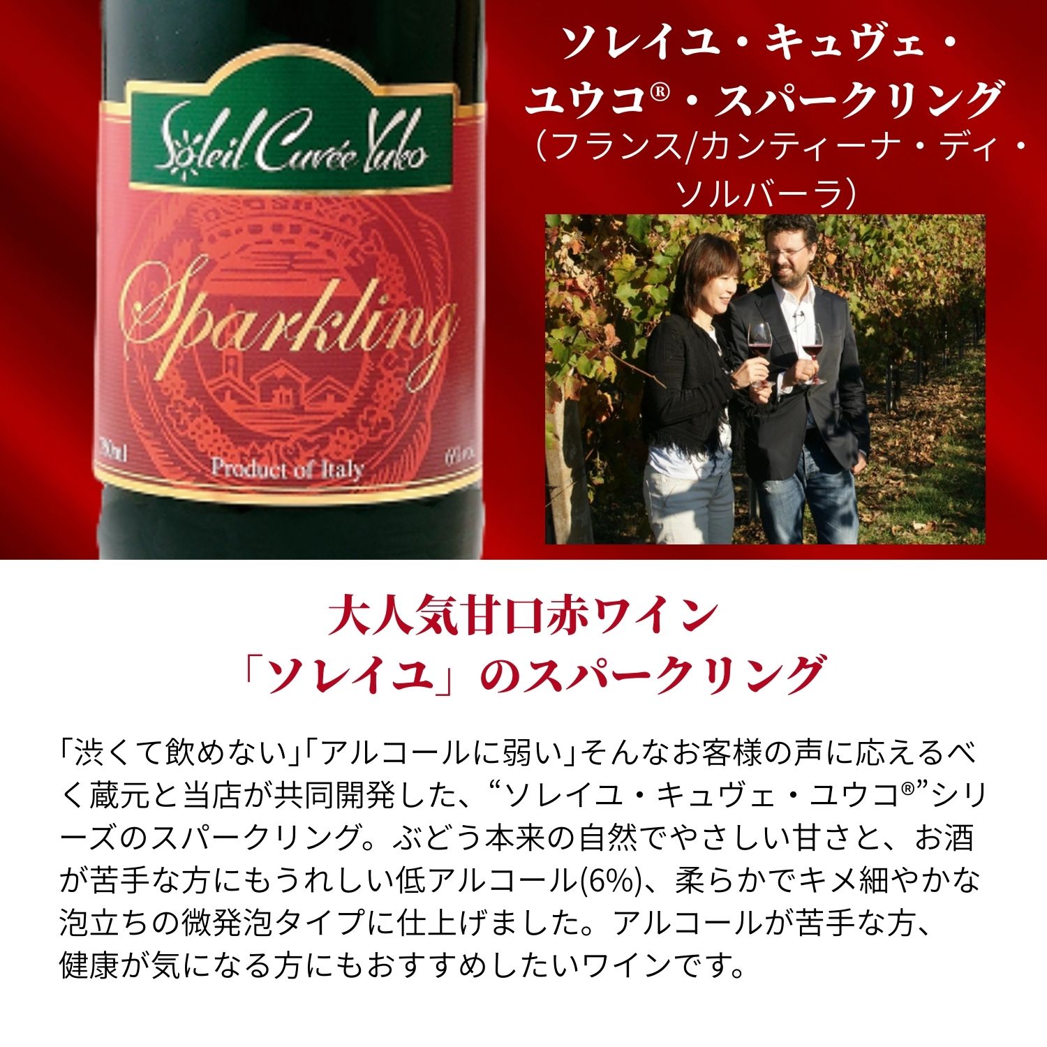 ソレイユ・キュヴェ・ユウコ・スパークリング [ ギフト オリジナル ワイン 赤ワイン スパークリング 甘口 低アルコール 低アル イタリア エミリア ロマーニャ州 カベルネ ソーヴィニヨン メルロ wine おすすめ 人気 ギフト プレゼント 贈り物 贈答品 ] v-yamazaki-10006417 ヴィノスやまざき 楽天市場店 サンプル画像2