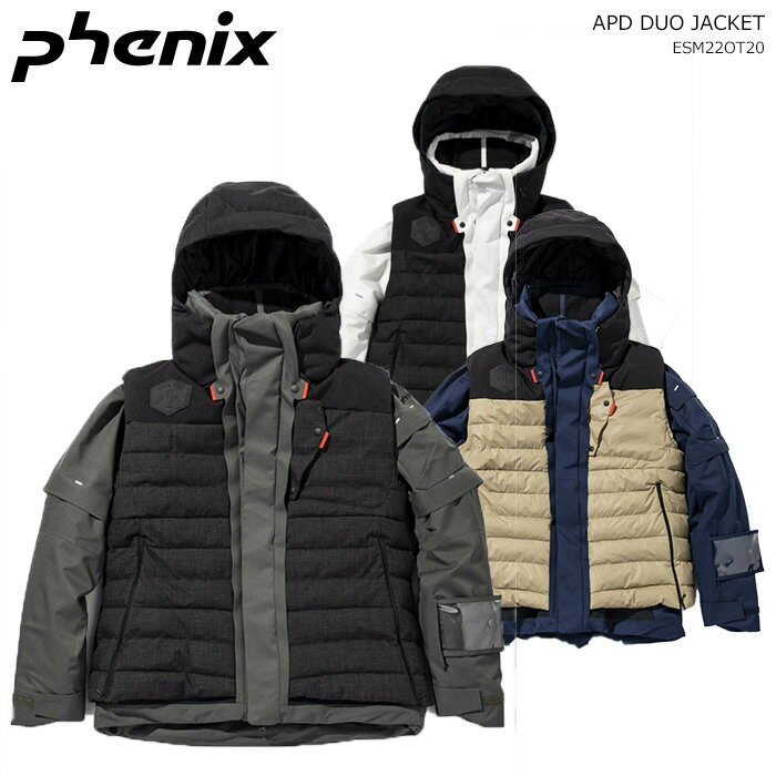 PHENIX/フェニックス ベストオンジャケット/ APD DUO JACKET/esm22ot20 APD DUO JACKET ○ジャケット　4WAYストレッチツイル 2L ポリエステル100％, コットンライクストレッチリップストップ ポリエステル100％ 〇ベスト Navy:　 ハイディスティニータフタ2Lフェイスサイドシーレ ポリエステル100％, コットンライクストレッチリップストップ ポリエステル100％ khaki,White: ウールブレンドスパンツイル2L ポリエステル90％, ウール 10％, コットンライクストレッチリップストップ ポリエステル100％ ○中綿　REPREVER ポリエステル100％, PH Hollow Thermo ポリエステル100％ REPREVER REPREVERは使用済みのペットボトルなどのリサイクル素材から作られたリサイクル繊維のブランド 商品サイズ ジャケット S　(胸囲110 前丈55 後丈68.7 ゆき丈87.4)cm M　(胸囲114 前丈57 後丈70.8 ゆき丈90.1)cm L　(胸囲118 前丈59 後丈72.9 ゆき丈92.8)cm XL　(胸囲122 前丈61 後丈75 ゆき丈95.5)cm XXL　(胸囲128 前丈63 後丈77.1 ゆき丈98.5)cm XXXL　(胸囲134 前丈65 後丈79.2 ゆき丈101.5)cm