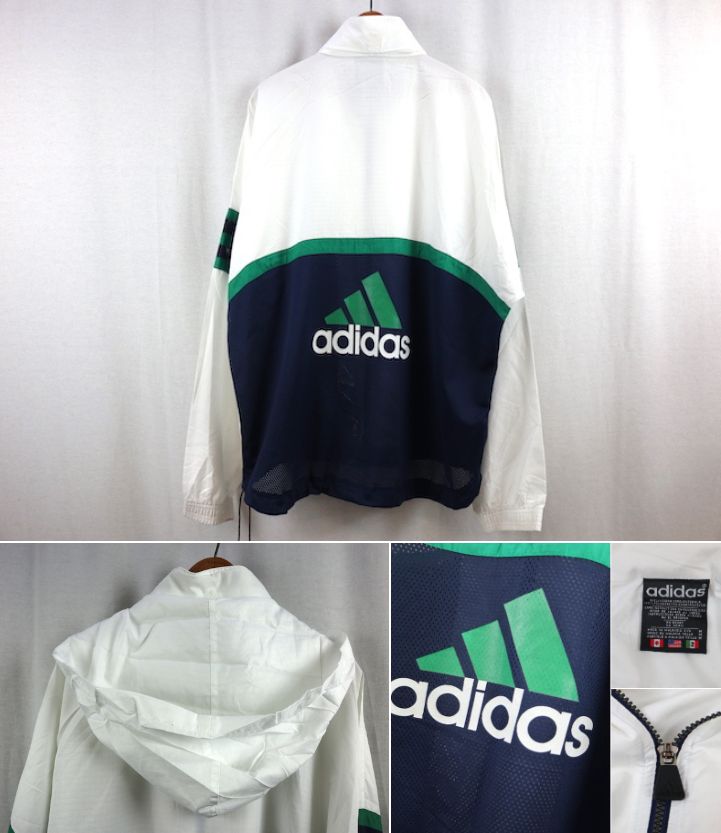 90'S adidas アディダス フルジップ ナイロンジャケット(M)ホワイト×ネイビー