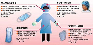 感染防止・衛生管理用　使い捨て防護セットA（エプロン・マスク・手袋・ぼうし）ブルー　10セット入り