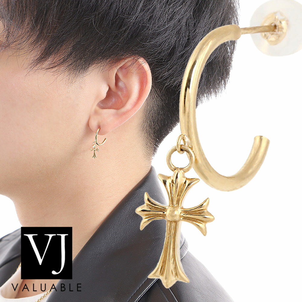 VJ【ブイジェイ】18金 ピアス 18k メンズ フープ イエローゴールド　スウィング ベイビー クロス　ピアス ※1個販売（片耳）【vj k18 ブランド ハワイアン　アメリカ　ぶら下げ　ジュエリー ネイティブ　ドロップ ギフト プレゼント フープ　リング】