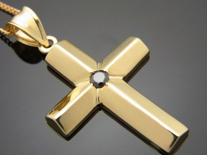 10k　イエローゴールド　ブラックダイヤモンド 0.15ct アメリカデザイン　クロスペンダント　18金チェーンセット 18k