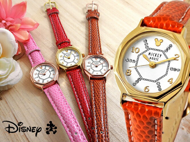 Disney ディズニー ミッキー八角形腕時計 本牛革ベルト スワロフスキー (全4色)
