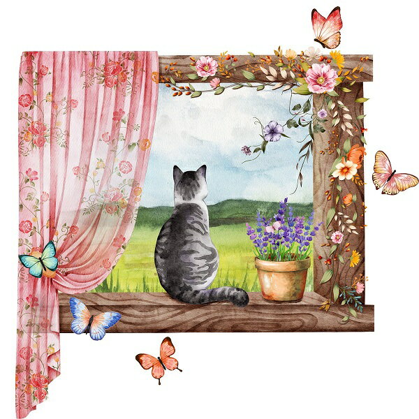 ウォールステッカー 猫 動物 窓 おしゃれ 蝶 子供部屋 ねこ 花 植物 薔薇 北欧 風景 はがせる 景色 カ..