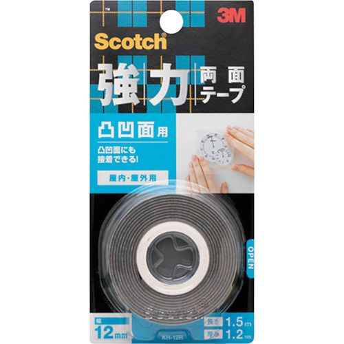 特長:●凸凹面にもよくなじみます。 用途:●表面が凸凹なコンクリート・ブロック・ベニヤなどを接着する作業に。 仕様:●色：グレー●幅(mm)：12●長さ(m)：1.5●厚さ(mm)：1.2●使用温度範囲(℃)：-20〜90 仕様2:●90度方向剥離力：52 N／cm●使用温度範囲：-20〜90℃●せん断接着力：66N／[[CM2]] 材質／仕上:●基材：アクリルフォーム●粘着剤：アクリル系特長:●凸凹面にもよくなじみます。 用途:●表面が凸凹なコンクリート・ブロック・ベニヤなどを接着する作業に。 仕様:●色：グレー●幅(mm)：12●長さ(m)：1.5●厚さ(mm)：1.2●使用温度範囲(℃)：-20〜90 仕様2:●90度方向剥離力：52 N／cm●使用温度範囲：-20〜90℃●せん断接着力：66N／[[CM2]] 材質／仕上:●基材：アクリルフォーム●粘着剤：アクリル系