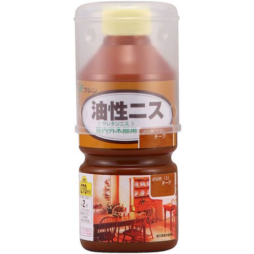 特長:●長年愛用されている耐久性に優れたニスです。 仕様:●色：チーク●容量(L)：0.27●乾燥時間：（20℃）：3〜4時間●塗り重ね回数：2回塗り●塗布面積(［［M2］］)：約2平方メートル（畳約1枚） 仕様2:●塗り面積（2回塗り）：約2平方メートル（畳約1枚）●乾燥時間（20℃）：3〜4時間●うすめ液：ペイントうすめ液、または難燃性ペイントうすめ液 材質／仕上:●合成樹脂（ウレタン）、顔料（クリヤーを除く）、有機溶剤特長:●長年愛用されている耐久性に優れたニスです。 仕様:●色：チーク●容量(L)：0.27●乾燥時間：（20℃）：3〜4時間●塗り重ね回数：2回塗り●塗布面積(［［M2］］)：約2平方メートル（畳約1枚） 仕様2:●塗り面積（2回塗り）：約2平方メートル（畳約1枚）●乾燥時間（20℃）：3〜4時間●うすめ液：ペイントうすめ液、または難燃性ペイントうすめ液 材質／仕上:●合成樹脂（ウレタン）、顔料（クリヤーを除く）、有機溶剤