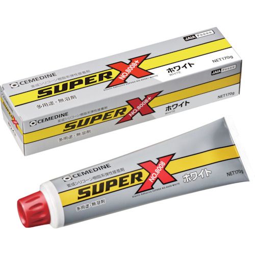 特長:●粘着接着・一液・無溶剤・常温速硬化の接着剤です。●広範な接着性・高耐久性があります。●シロキサンフリーです。●日本接着剤工業会 JAIA F☆☆☆☆規格品、4VOC基準適合品です。●硬化皮膜が強靭性と柔軟性を併せ持つ「弾性接着剤」ですので、被着材の膨張・収縮による動きに追従するほか、低温（-60℃）から高温（120℃）までの温度変化への対応や各種耐薬品性に優れています。●各種金属、プラスチック、ゴム、セラミックまでの広範囲の材料に良好な接着性を示すため、接着剤の使い分けの必要がありません。 用途:●金属、プラスチック、ゴム、セラミック、木材の接着に。●初期立ち上がりを必要とする接着に。●熱膨張係数の異なる異種材料の接着に。●冷熱繰り返し等の耐久性を必要とする接着に。 仕様:●色：白色●粘度(mPa・s)：PA・s/23℃ 85●容量(g)：170●タイプ：チューブタイプ●容量：170g 仕様2:●チューブタイプ●工程変更品 名称がスーパーXNo.8008→スーパーXNo.8008＋（プラス）へ変更●SDSやその他データの変更はございません。 材質／仕上:●主成分:変成シリコーン樹脂 セット内容／付属品:●ヘラ●ノズル 注意:●この商品は、一般消費者様向けの製品ではない為、表示や取扱説明書などが一般消費者様向けに表記・同梱されておりません。●2023年7月、販売開始特長:●粘着接着・一液・無溶剤・常温速硬化の接着剤です。●広範な接着性・高耐久性があります。●シロキサンフリーです。●日本接着剤工業会 JAIA F☆☆☆☆規格品、4VOC基準適合品です。●硬化皮膜が強靭性と柔軟性を併せ持つ「弾性接着剤」ですので、被着材の膨張・収縮による動きに追従するほか、低温（-60℃）から高温（120℃）までの温度変化への対応や各種耐薬品性に優れています。●各種金属、プラスチック、ゴム、セラミックまでの広範囲の材料に良好な接着性を示すため、接着剤の使い分けの必要がありません。 用途:●金属、プラスチック、ゴム、セラミック、木材の接着に。●初期立ち上がりを必要とする接着に。●熱膨張係数の異なる異種材料の接着に。●冷熱繰り返し等の耐久性を必要とする接着に。 仕様:●色：白色●粘度(mPa・s)：PA・s/23℃ 85●容量(g)：170●タイプ：チューブタイプ●容量：170g 仕様2:●チューブタイプ●工程変更品 名称がスーパーXNo.8008→スーパーXNo.8008＋（プラス）へ変更●SDSやその他データの変更はございません。 材質／仕上:●主成分:変成シリコーン樹脂 セット内容／付属品:●ヘラ●ノズル 注意:●この商品は、一般消費者様向けの製品ではない為、表示や取扱説明書などが一般消費者様向けに表記・同梱されておりません。●2023年7月、販売開始