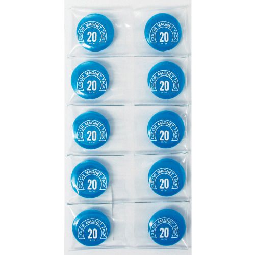 特長:●直径20ミリのマグネット、プラスチック部分が平らなのでシールなどを貼ることができます。 仕様:●色：青 仕様2:●寸法(mm)：成型部Φ20mm、磁石Φ10●包装：10個連結PVC個装●入数：10個入 材質／仕上:●再生PS樹脂40％、ヨーク板、マグネット特長:●直径20ミリのマグネット、プラスチック部分が平らなのでシールなどを貼ることができます。 仕様:●色：青 仕様2:●寸法(mm)：成型部Φ20mm、磁石Φ10●包装：10個連結PVC個装●入数：10個入 材質／仕上:●再生PS樹脂40％、ヨーク板、マグネット
