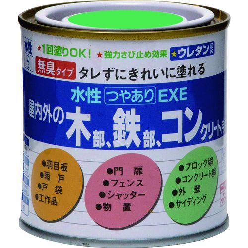 特長:●タレずに塗れる、1回塗りの水性ツヤあり塗料です。●イヤな臭いのない無臭タイプの塗料です。●乾きが早く、乾くと日光や雨に強い塗膜となります。 用途:●屋内外の鉄部・木部・コンクリートなど、広い用途に使えます。 仕様:●色：ライトグリーン●容量(L)：0.2●乾燥時間：約1時間(夏30℃)、約2時間(冬10℃)●塗り重ね可能時間：約4時間以上●塗布面積(［［M2］］)：1〜2 仕様2:●塗布面積：1〜2(平米) 材質／仕上:●合成樹脂（アクリル・ウレタン）、顔料、防かび剤、水 注意:●床面には塗れません●素材により密着しないものがあります。目立たない所で試し塗りをして、密着することを確認してから塗って下さい。特長:●タレずに塗れる、1回塗りの水性ツヤあり塗料です。●イヤな臭いのない無臭タイプの塗料です。●乾きが早く、乾くと日光や雨に強い塗膜となります。 用途:●屋内外の鉄部・木部・コンクリートなど、広い用途に使えます。 仕様:●色：ライトグリーン●容量(L)：0.2●乾燥時間：約1時間(夏30℃)、約2時間(冬10℃)●塗り重ね可能時間：約4時間以上●塗布面積(［［M2］］)：1〜2 仕様2:●塗布面積：1〜2(平米) 材質／仕上:●合成樹脂（アクリル・ウレタン）、顔料、防かび剤、水 注意:●床面には塗れません●素材により密着しないものがあります。目立たない所で試し塗りをして、密着することを確認してから塗って下さい。