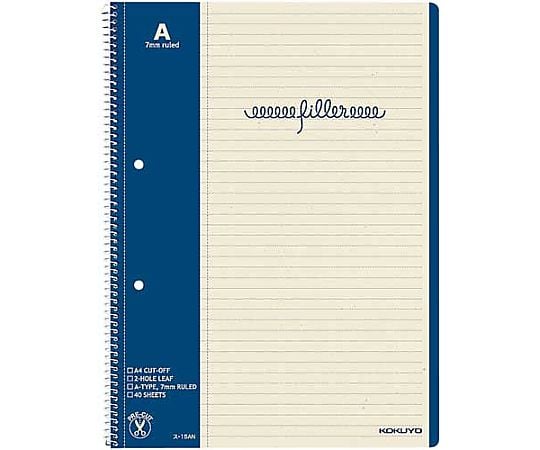 コクヨの定番！きれいに切り離せるミシン目入り！切り取った大きさがJIS規格サイズで2穴あきのため、切り取ってファイリングできる元祖フィラーノート！ サイズ：A4 種別：A罫 枚数：40枚 寸法（タテ×ヨコ）：297×219mm 中紙寸法：タ...