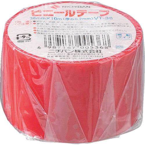 特長:●柔軟で水・湿気に強い、軟質塩ビを基材としたテープです。●脱鉛タイプです。●豊富なカラーバリエーションがあります。 用途:●缶、ビンなどの防湿包装。●封かん、包装、結束。 仕様:●色：赤●幅(mm)：38●長さ(m)：10●厚さ(mm)：0.20 仕様2:●JIS−C2336適合品 材質／仕上:●基材：ポリ塩化ビニール●粘着剤：ゴム系 注意:●電気絶縁用の場合は600V以下でご使用下さい。電源を切って作業して下さい特長:●柔軟で水・湿気に強い、軟質塩ビを基材としたテープです。●脱鉛タイプです。●豊富なカラーバリエーションがあります。 用途:●缶、ビンなどの防湿包装。●封かん、包装、結束。 仕様:●色：赤●幅(mm)：38●長さ(m)：10●厚さ(mm)：0.20 仕様2:●JIS−C2336適合品 材質／仕上:●基材：ポリ塩化ビニール●粘着剤：ゴム系 注意:●電気絶縁用の場合は600V以下でご使用下さい。電源を切って作業して下さい