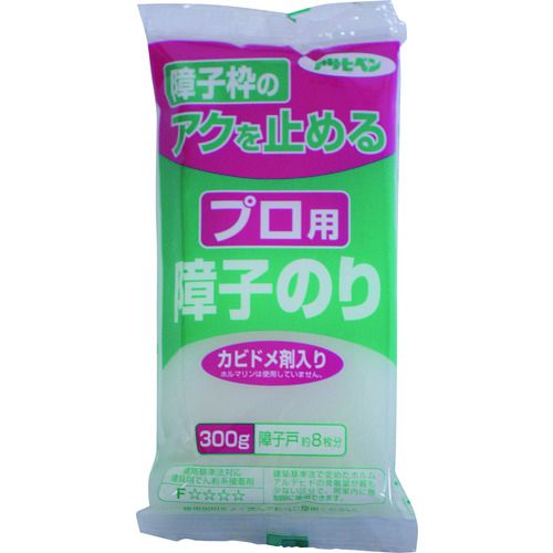 特長:●障子紙が貼りやすく、はがす時もきれいにはがせる専用のりです。●アク止め剤入りですので、枠や桟からしみ出るアクを止める効果があります。●カビドメ剤入りですので、カビの発生を防ぎます。●ホルマリンは使用しておりません。 用途:●障子紙・ふすま紙用接着に。 仕様2:●プロ用障子のり　300G　749 材質／仕上:●でん粉・カビドメ剤・ヤニ/アク止め剤特長:●障子紙が貼りやすく、はがす時もきれいにはがせる専用のりです。●アク止め剤入りですので、枠や桟からしみ出るアクを止める効果があります。●カビドメ剤入りですので、カビの発生を防ぎます。●ホルマリンは使用しておりません。 用途:●障子紙・ふすま紙用接着に。 仕様2:●プロ用障子のり　300G　749 材質／仕上:●でん粉・カビドメ剤・ヤニ/アク止め剤