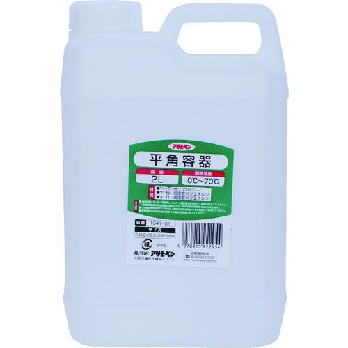 特長:●塗料の小分け、保存、調色など幅広い用途に対応の容器です。 用途:●塗料の小分け保存に。 仕様:●容量(L)：2●色：乳白色●幅(mm)：144●注ぎ口径(mm)：41.7●外形寸法(mm)直径×高さ：94.5×216.5 材質／仕上:●材質：（キャップ）ポリプロピレン・（中栓）低密度ポリエチレン・（本体）高密度ポリエチレン。●●耐熱温度：0℃〜70℃。特長:●塗料の小分け、保存、調色など幅広い用途に対応の容器です。 用途:●塗料の小分け保存に。 仕様:●容量(L)：2●色：乳白色●幅(mm)：144●注ぎ口径(mm)：41.7●外形寸法(mm)直径×高さ：94.5×216.5 材質／仕上:●材質：（キャップ）ポリプロピレン・（中栓）低密度ポリエチレン・（本体）高密度ポリエチレン。●●耐熱温度：0℃〜70℃。