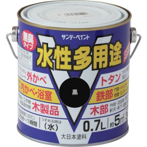 特長:●落ち着いたつやに仕上がる水性多用途塗料です。 用途:●屋内外の鉄部、木部、トタン、コンクリート、モルタルなど 仕様:●色：黒●容量(L)：0.7 仕様2:●水性多用途　黒　700M特長:●落ち着いたつやに仕上がる水性多用途塗料です。 用途:●屋内外の鉄部、木部、トタン、コンクリート、モルタルなど 仕様:●色：黒●容量(L)：0.7 仕様2:●水性多用途　黒　700M