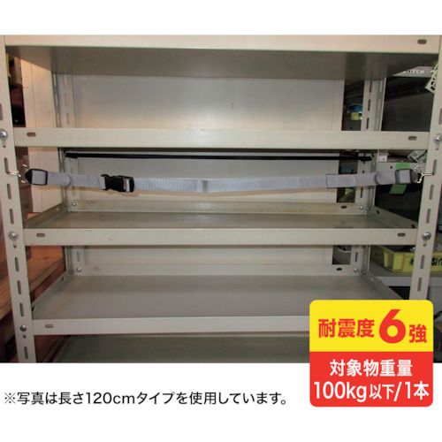 特長:●オープン棚に収められた書類、ケースなどの収納物の落下を防止するベルトです。●オープン棚の支柱穴にフックを引っ掛けて固定するだけの簡易設置です。●ベルトは着脱バックル付きなので収納物の出し入れが容易です。●収納物に合わせて任意の高さに設置して使う事が出来ます。 用途:●棚の落下防止用に。 仕様:●長さ(mm)：1800●対象物重量(kg)：100以下/本●色：グレー●均等荷重(kg)：100 仕様2:●耐震度：震度6強 材質／仕上:●ポリアセタール●ポリプロピレン●めっき処理鉄 セット内容／付属品:●本体×1●取説×1特長:●オープン棚に収められた書類、ケースなどの収納物の落下を防止するベルトです。●オープン棚の支柱穴にフックを引っ掛けて固定するだけの簡易設置です。●ベルトは着脱バックル付きなので収納物の出し入れが容易です。●収納物に合わせて任意の高さに設置して使う事が出来ます。 用途:●棚の落下防止用に。 仕様:●長さ(mm)：1800●対象物重量(kg)：100以下/本●色：グレー●均等荷重(kg)：100 仕様2:●耐震度：震度6強 材質／仕上:●ポリアセタール●ポリプロピレン●めっき処理鉄 セット内容／付属品:●本体×1●取説×1
