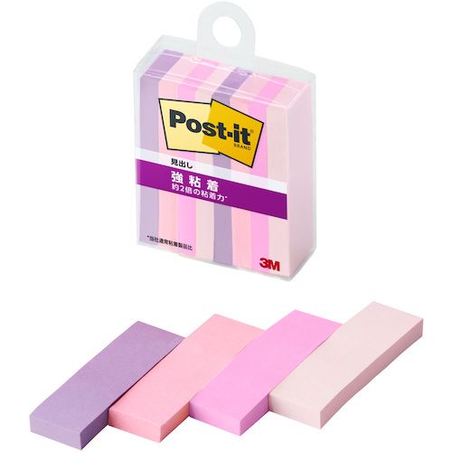 特長:●カラフルな4色のセットなので、色で識別したり、書いた部分を目立たせたりすることができます。●粘着力が2倍（当社通常粘着製品比）なので、つきにくい場所にもしっかりと貼れます。●紙製のふせんなので、筆記具を選ばずに使用できます。 仕様:●色：アイリスインフュージョン・ポジティブリィピンク・トロピカルピンク・ピンク●縦(mm)：50●横(mm)：15●パック入数：45枚×8冊 仕様2:●サイズ：50mm×15mm●枚数：45枚×8パッド●外箱入数：10個●クリアケース特長:●カラフルな4色のセットなので、色で識別したり、書いた部分を目立たせたりすることができます。●粘着力が2倍（当社通常粘着製品比）なので、つきにくい場所にもしっかりと貼れます。●紙製のふせんなので、筆記具を選ばずに使用できます。 仕様:●色：アイリスインフュージョン・ポジティブリィピンク・トロピカルピンク・ピンク●縦(mm)：50●横(mm)：15●パック入数：45枚×8冊 仕様2:●サイズ：50mm×15mm●枚数：45枚×8パッド●外箱入数：10個●クリアケース