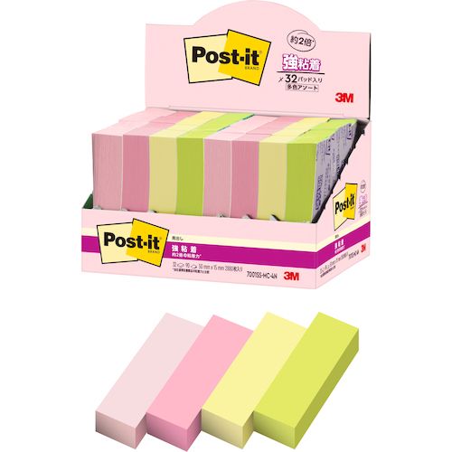 特長:●カラフルな4色のセットなので、色で識別したり、書いた部分を目立たせたりすることができます。●粘着力が2倍（当社通常粘着製品比）なので、つきにくい場所にもしっかりと貼れます。●紙製のふせんなので、筆記具を選ばずに使用できます。 仕様:●色：ピンク・ポジティブリィピンク・イエロー・アシッドライム●縦(mm)：50●横(mm)：15●パック入数：90枚×32冊 仕様2:●サイズ：50mm×15mm●枚数：90枚×32パッド●外箱入数：10個●紙箱特長:●カラフルな4色のセットなので、色で識別したり、書いた部分を目立たせたりすることができます。●粘着力が2倍（当社通常粘着製品比）なので、つきにくい場所にもしっかりと貼れます。●紙製のふせんなので、筆記具を選ばずに使用できます。 仕様:●色：ピンク・ポジティブリィピンク・イエロー・アシッドライム●縦(mm)：50●横(mm)：15●パック入数：90枚×32冊 仕様2:●サイズ：50mm×15mm●枚数：90枚×32パッド●外箱入数：10個●紙箱