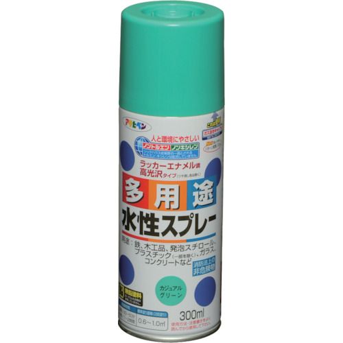 特長:●タレにくく、きれいに仕上がります。●油性塗料や発泡スチロールに塗っても下地を侵さず、いろいろな素材に使用できます。 用途:●発泡スチロール、プラスチック（アクリル、硬質塩ビ、ABS、スチロール）、鉄、木、コンクリート、紙、ガラスなどに。 仕様:●色：カジュアルグリーン●容量(L)：0.3●乾燥時間：40分〜50分(夏期)、1〜2時間(冬期)●塗り重ね回数：2●塗布面積(［［M2］］)：0.6〜1 (タタミ 0.4〜0.6枚分) 仕様2:●塗布面積：0.6〜1.0［［M2］］●だ円吹き(パターン変更ノズル付) 材質／仕上:●水溶性アクリル樹脂 注意:●【保管上の注意】直射日光のあたるところ、自転車内などの温度の高くなるところ、容器がさびやすいことろには置かないで下さい。特長:●タレにくく、きれいに仕上がります。●油性塗料や発泡スチロールに塗っても下地を侵さず、いろいろな素材に使用できます。 用途:●発泡スチロール、プラスチック（アクリル、硬質塩ビ、ABS、スチロール）、鉄、木、コンクリート、紙、ガラスなどに。 仕様:●色：カジュアルグリーン●容量(L)：0.3●乾燥時間：40分〜50分(夏期)、1〜2時間(冬期)●塗り重ね回数：2●塗布面積(［［M2］］)：0.6〜1 (タタミ 0.4〜0.6枚分) 仕様2:●塗布面積：0.6〜1.0［［M2］］●だ円吹き(パターン変更ノズル付) 材質／仕上:●水溶性アクリル樹脂 注意:●【保管上の注意】直射日光のあたるところ、自転車内などの温度の高くなるところ、容器がさびやすいことろには置かないで下さい。