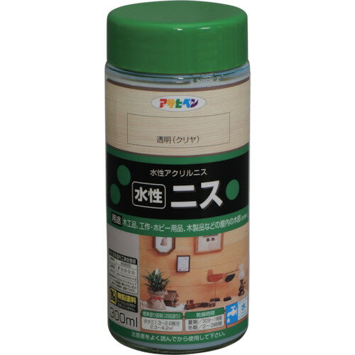 特長:●着色とニス塗りが同時にでき、木目を生かした美しいツヤに仕上がります。●水性塗料なので塗りやすく、用具の後始末も水でできます。●建築基準法対応（F☆☆☆☆）塗料です。 用途:●木工品、工作・ホビー用品、木製品などの屋内の木部(床を除く)に。 仕様:●色：透明（クリヤ）●容量(L)：300●乾燥時間：夏期/30〜60分・冬期/2〜3時間●指触乾燥時間：2〜3時間●塗り重ね可能時間：2〜3時間●塗り重ね回数：2●塗布面積(［［M2］］)：2.3〜4.2 材質／仕上:●材質：アクリル樹脂特長:●着色とニス塗りが同時にでき、木目を生かした美しいツヤに仕上がります。●水性塗料なので塗りやすく、用具の後始末も水でできます。●建築基準法対応（F☆☆☆☆）塗料です。 用途:●木工品、工作・ホビー用品、木製品などの屋内の木部(床を除く)に。 仕様:●色：透明（クリヤ）●容量(L)：300●乾燥時間：夏期/30〜60分・冬期/2〜3時間●指触乾燥時間：2〜3時間●塗り重ね可能時間：2〜3時間●塗り重ね回数：2●塗布面積(［［M2］］)：2.3〜4.2 材質／仕上:●材質：アクリル樹脂