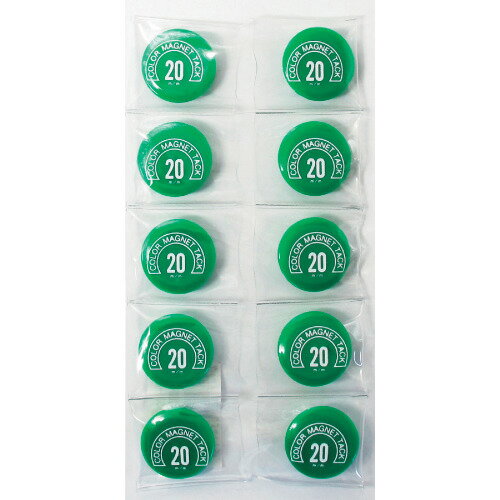 特長:●直径20ミリのマグネット、プラスチック部分が平らなのでシールなどを貼ることができます。 仕様:●色：緑 仕様2:●寸法(mm)：成型部Φ20mm、磁石Φ10●包装：10個連結PVC個装●入数：10個入 材質／仕上:●再生PS樹脂40％、ヨーク板、マグネット特長:●直径20ミリのマグネット、プラスチック部分が平らなのでシールなどを貼ることができます。 仕様:●色：緑 仕様2:●寸法(mm)：成型部Φ20mm、磁石Φ10●包装：10個連結PVC個装●入数：10個入 材質／仕上:●再生PS樹脂40％、ヨーク板、マグネット