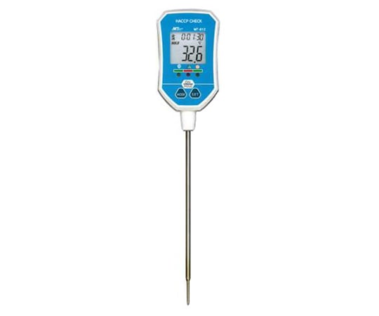 IP67防水仕様、水洗い可能です。食中毒予防　測定値4〜60℃時に赤LED点滅　左記以外緑LED点滅タイマーアラーム機能搭載　AL1：75℃+60秒カウントダウン　AL2：85℃以上+90秒カウントダウン　AL3：任意温度上下限+任意カウントダウン　ALoff：任意カウントダウンT型熱電対センサ採用7HACCPチェック機能LED搭載マグネット付き 測定範囲：-50〜250℃分解能：0.1℃精度：±0.5℃（-20〜60℃）、±0.8℃または±0.8％rdgのいずれか大きい方（-20〜60℃以外）サンプリング：約1秒／回（最短間隔）保護等級：IP67電源：CR2023（3V）ボタン電池×1電池寿命：約350時間サイズ：約191（L）×41（W）×20（D）mm、センサー部/約Φ2.5×113mm、感温部/先端から約15mm重量：約49g（電池含む）使用環境：-10〜50℃機能：タイマー機能（設定温度+カウントダウンタイマー）、HACCP　CHECK機能（食中毒予防温度判定LED表示）、無操作時オートパワーオフ約60分付属品：センサー保護キャップ、CR2023（3V）ボタン電池×1（お試し電池）、検査成績書、取扱説明書IP67防水仕様、水洗い可能です。食中毒予防　測定値4〜60℃時に赤LED点滅　左記以外緑LED点滅タイマーアラーム機能搭載　AL1：75℃+60秒カウントダウン　AL2：85℃以上+90秒カウントダウン　AL3：任意温度上下限+任意カウントダウン　ALoff：任意カウントダウンT型熱電対センサ採用7HACCPチェック機能LED搭載マグネット付き 測定範囲：-50〜250℃分解能：0.1℃精度：±0.5℃（-20〜60℃）、±0.8℃または±0.8％rdgのいずれか大きい方（-20〜60℃以外）サンプリング：約1秒／回（最短間隔）保護等級：IP67電源：CR2023（3V）ボタン電池×1電池寿命：約350時間サイズ：約191（L）×41（W）×20（D）mm、センサー部/約Φ2.5×113mm、感温部/先端から約15mm重量：約49g（電池含む）使用環境：-10〜50℃機能：タイマー機能（設定温度+カウントダウンタイマー）、HACCP　CHECK機能（食中毒予防温度判定LED表示）、無操作時オートパワーオフ約60分付属品：センサー保護キャップ、CR2023（3V）ボタン電池×1（お試し電池）、検査成績書、取扱説明書