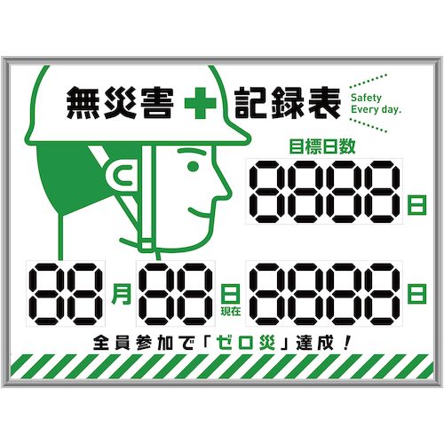 特長:●指一本でパーツを半回転させるだけで簡単に数字を更新できます。●「数字のみ立体」で正面は勿論、上下左右からの視認性にも優れています。●電源不要で設置場所を問いません。●更新作業に数字札やパーツの脱着は不要で、紛失の心配もありません。●「完全オリジナルの板面」や「社名・部署名の追加」などは別途見積致します。 用途:●職場の無災害活動に。 仕様:●表示内容：無災害記録表・全員参加で「ゼロ災」達成！●取付仕様：吊り下げタイプ（金具付き）●縦(mm)：453●横(mm)：603●厚さ(mm)：23●イラスト：男1名（横顔） 仕様2:●周囲アルミ枠 材質／仕上:●本体：PET樹脂、木材●数字札：ABS樹脂●枠：アルミ●壁面用金具：SUS304 セット内容／付属品:●壁面設置用金具特長:●指一本でパーツを半回転させるだけで簡単に数字を更新できます。●「数字のみ立体」で正面は勿論、上下左右からの視認性にも優れています。●電源不要で設置場所を問いません。●更新作業に数字札やパーツの脱着は不要で、紛失の心配もありません。●「完全オリジナルの板面」や「社名・部署名の追加」などは別途見積致します。 用途:●職場の無災害活動に。 仕様:●表示内容：無災害記録表・全員参加で「ゼロ災」達成！●取付仕様：吊り下げタイプ（金具付き）●縦(mm)：453●横(mm)：603●厚さ(mm)：23●イラスト：男1名（横顔） 仕様2:●周囲アルミ枠 材質／仕上:●本体：PET樹脂、木材●数字札：ABS樹脂●枠：アルミ●壁面用金具：SUS304 セット内容／付属品:●壁面設置用金具