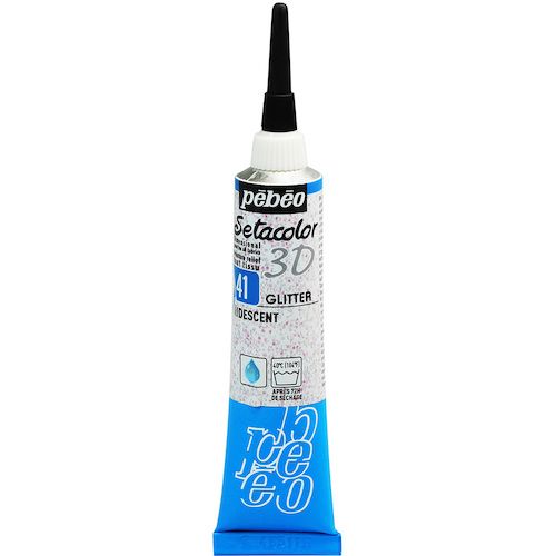 特長:●ラメ入りの膨らんだ線やドットが描ける絵具（水性アクリル顔料絵具）●ノズルから直接、塗布面に描くことができ、美しいグリッターの入った盛り上がった線やドットが簡単に描けます。●膨らみのあるラインを描けるのが特徴です。●布以外に、「紙、木、ガラス、鏡、金属など」にも塗布できます。●ただし、塗布する面が浸透しにくい素材の場合は、水に漬け置きすると絵具が剥がれてしまいます。 用途:●布用 仕様:●色：イリデセント 仕様2:●ラメ入りの膨らんだ線やドットが描ける布用絵具です。 材質／仕上:●アクリルバインダー、顔料、水特長:●ラメ入りの膨らんだ線やドットが描ける絵具（水性アクリル顔料絵具）●ノズルから直接、塗布面に描くことができ、美しいグリッターの入った盛り上がった線やドットが簡単に描けます。●膨らみのあるラインを描けるのが特徴です。●布以外に、「紙、木、ガラス、鏡、金属など」にも塗布できます。●ただし、塗布する面が浸透しにくい素材の場合は、水に漬け置きすると絵具が剥がれてしまいます。 用途:●布用 仕様:●色：イリデセント 仕様2:●ラメ入りの膨らんだ線やドットが描ける布用絵具です。 材質／仕上:●アクリルバインダー、顔料、水