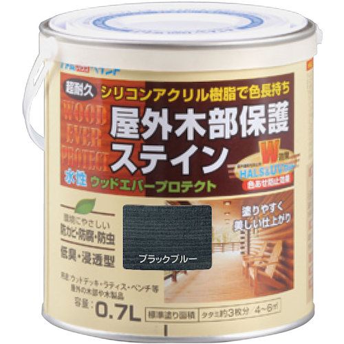 特長:●シリコンアクリル樹脂にHALS（紫外線劣化防止剤）とUV吸収剤を配合した高性能木部保護塗料です。 用途:●ウッドデッキ、ラティス、木製家具、木製ベンチなどの屋外木部に。 仕様:●色：ブラックブルー●容量(L)：0.7●乾燥時間：約1時間（夏）、約2〜3時間（冬）●指触乾燥時間：夏期/約1、冬期/約2〜3●塗り重ね可能時間：夏期/約2日、冬期/約4日●塗り重ね回数：2●塗布面積(［［M2］］)：4〜6(畳枚数換算約3枚分) 仕様2:●塗り面積(m2)：4〜6（畳枚数換算約3枚）。●液性：水性（半造膜タイプ）。●希釈剤：不要 材質／仕上:●合成樹脂（シリコンアクリル） 注意:●塗りつぶしタイプの塗装面にはご使用になれません。●塗れない場所の代表例【木以外の素材、塗装面、プリント合板やプラスチック、特殊処理をされた素材、屋内の床、乾燥不十分な木や竹材、食器類、ペットがかじったりする素材や場所など】。特長:●シリコンアクリル樹脂にHALS（紫外線劣化防止剤）とUV吸収剤を配合した高性能木部保護塗料です。 用途:●ウッドデッキ、ラティス、木製家具、木製ベンチなどの屋外木部に。 仕様:●色：ブラックブルー●容量(L)：0.7●乾燥時間：約1時間（夏）、約2〜3時間（冬）●指触乾燥時間：夏期/約1、冬期/約2〜3●塗り重ね可能時間：夏期/約2日、冬期/約4日●塗り重ね回数：2●塗布面積(［［M2］］)：4〜6(畳枚数換算約3枚分) 仕様2:●塗り面積(m2)：4〜6（畳枚数換算約3枚）。●液性：水性（半造膜タイプ）。●希釈剤：不要 材質／仕上:●合成樹脂（シリコンアクリル） 注意:●塗りつぶしタイプの塗装面にはご使用になれません。●塗れない場所の代表例【木以外の素材、塗装面、プリント合板やプラスチック、特殊処理をされた素材、屋内の床、乾燥不十分な木や竹材、食器類、ペットがかじったりする素材や場所など】。