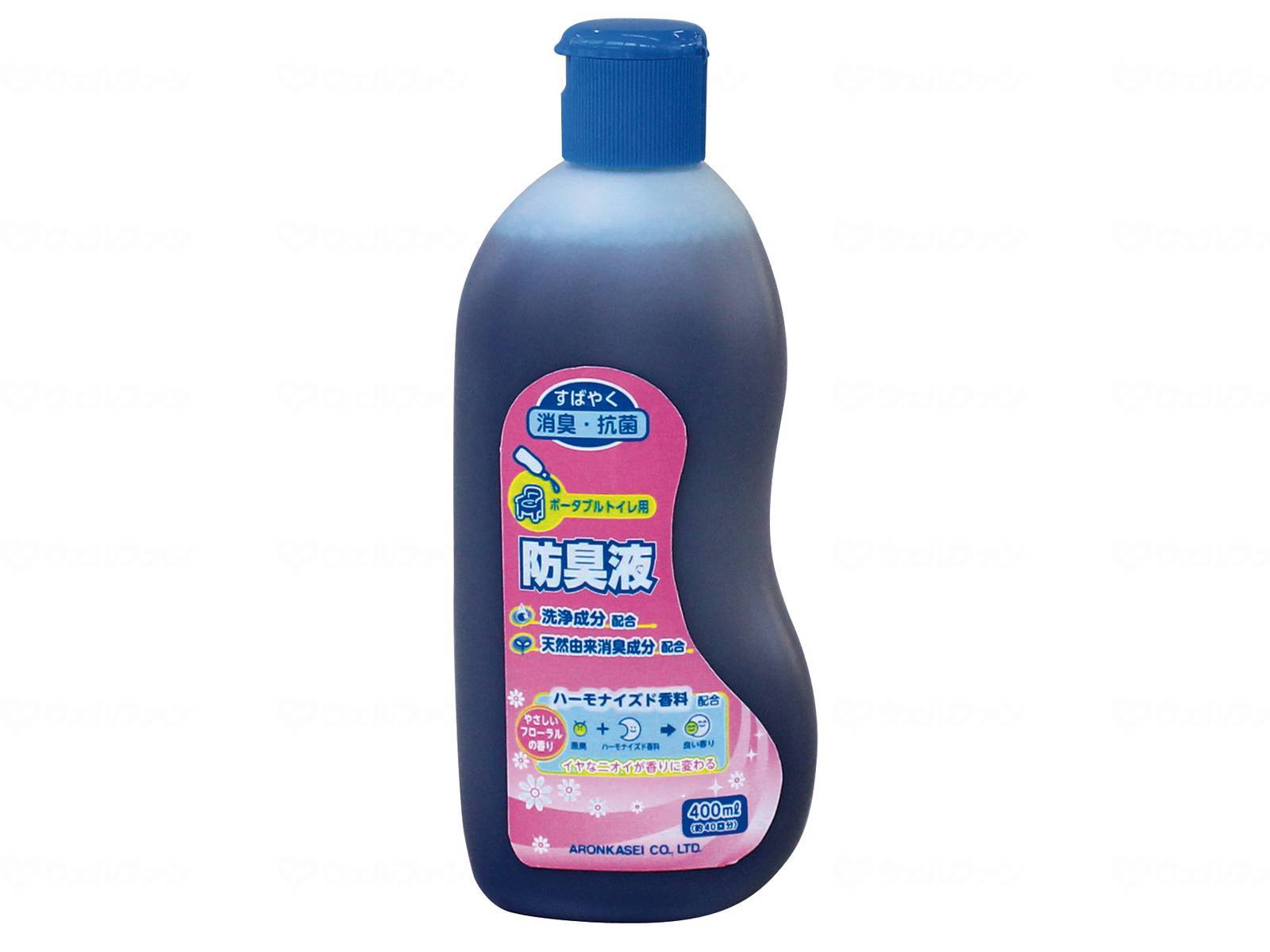 トイレ及び排泄関連 トイレ用アクセサリー 消臭剤 サイズ・重量高さ190mm×幅80mm×奥行50mm特長すばやく消臭・抗菌洗浄成分配合天然由来消臭成分配合ハーモナイズド香料コメント○Point1：1本当たりの使用回数が大幅にアップ！！約13回→40回にアップ。その結果、1回当たり使用コストが116円→37.8円へと低減できました。○Point2：1回当たりの効果持続時間が24時間にアップ！！約12時間から24時間に。○Point3：ハーモナイズド香料を新たに配合！！不快臭と調和するハーモナイズド香料の効果で、気になる臭いもやさしい香りに変わります。○Point4：掴みやすいボトル形状と見やすい目盛り線！！使用する際に掴みやすいボトルの形状。見やすい目盛り線を採用。有色タイプ●水に溶けやすい液状タイプ規格400mL規格詳細使用回数：約40回トイレ及び排泄関連 トイレ用アクセサリー 消臭剤 サイズ・重量高さ190mm×幅80mm×奥行50mm特長すばやく消臭・抗菌洗浄成分配合天然由来消臭成分配合ハーモナイズド香料コメント○Point1：1本当たりの使用回数が大幅にアップ！！約13回→40回にアップ。その結果、1回当たり使用コストが116円→37.8円へと低減できました。○Point2：1回当たりの効果持続時間が24時間にアップ！！約12時間から24時間に。○Point3：ハーモナイズド香料を新たに配合！！不快臭と調和するハーモナイズド香料の効果で、気になる臭いもやさしい香りに変わります。○Point4：掴みやすいボトル形状と見やすい目盛り線！！使用する際に掴みやすいボトルの形状。見やすい目盛り線を採用。有色タイプ●水に溶けやすい液状タイプ規格400mL規格詳細使用回数：約40回