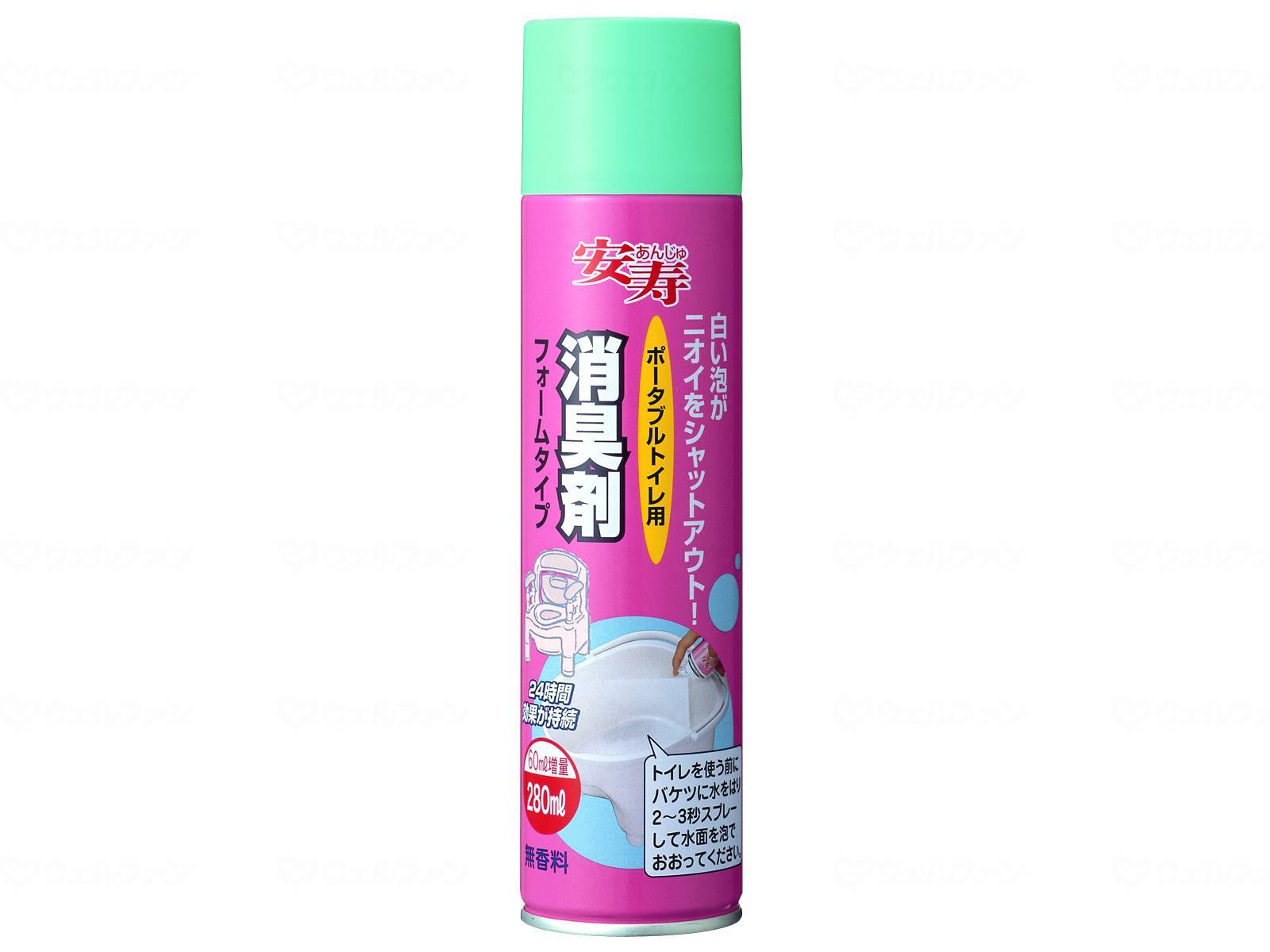 トイレ及び排泄関連 トイレ用アクセサリー 消臭剤 サイズ・重量高さ210mm×直径50mmコメント水の表面を泡が覆い、防臭効果を長時間持続します。効果持続時間の目安：約24時間消臭成分と泡の膜でニオイをシャットアウト！無香料タイプ排泄物を目立たなくします。形状フォーム規格280mL規格詳細使用回数：約55回トイレ及び排泄関連 トイレ用アクセサリー 消臭剤 サイズ・重量高さ210mm×直径50mmコメント水の表面を泡が覆い、防臭効果を長時間持続します。効果持続時間の目安：約24時間消臭成分と泡の膜でニオイをシャットアウト！無香料タイプ排泄物を目立たなくします。形状フォーム規格280mL規格詳細使用回数：約55回