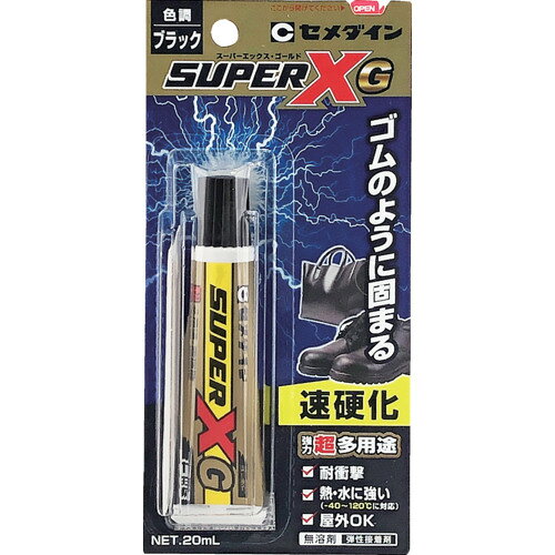 特長:●超多用途、速硬化、ショックに強くハガレにくい接着剤です。●熱・水に強く(-40〜120℃)屋外にも使用できます。●タレが少なく、軽量物なら仮止め不要です。●肉やせがなく、いやなニオイも少ないタイプです。●柔らかい素材の柔軟性を失いません。●日本接着剤工業会 JAIA F☆☆☆☆規格品、 4VOC基準適合品です。 用途:●金属、硬質プラスチック、軟質塩化ビニル等の接着に。●コンクリート、タイル、合成ゴム、皮革、木材等の接着に。 仕様:●色：黒●容量(ml)：20●使用温度範囲(℃)：-40〜120●容量(L)：0.02 仕様2:●チューブタイプ●スーパーXシリーズ 材質／仕上:●主成分：変成シリコーン樹脂 セット内容／付属品:●ヘラ 注意:●※接着できないもの：ポリエチレン、ポリプロピレン、フッ素樹脂、ポリアセタール、ナイロン、シリコーンゴム等。特長:●超多用途、速硬化、ショックに強くハガレにくい接着剤です。●熱・水に強く(-40〜120℃)屋外にも使用できます。●タレが少なく、軽量物なら仮止め不要です。●肉やせがなく、いやなニオイも少ないタイプです。●柔らかい素材の柔軟性を失いません。●日本接着剤工業会 JAIA F☆☆☆☆規格品、 4VOC基準適合品です。 用途:●金属、硬質プラスチック、軟質塩化ビニル等の接着に。●コンクリート、タイル、合成ゴム、皮革、木材等の接着に。 仕様:●色：黒●容量(ml)：20●使用温度範囲(℃)：-40〜120●容量(L)：0.02 仕様2:●チューブタイプ●スーパーXシリーズ 材質／仕上:●主成分：変成シリコーン樹脂 セット内容／付属品:●ヘラ 注意:●※接着できないもの：ポリエチレン、ポリプロピレン、フッ素樹脂、ポリアセタール、ナイロン、シリコーンゴム等。