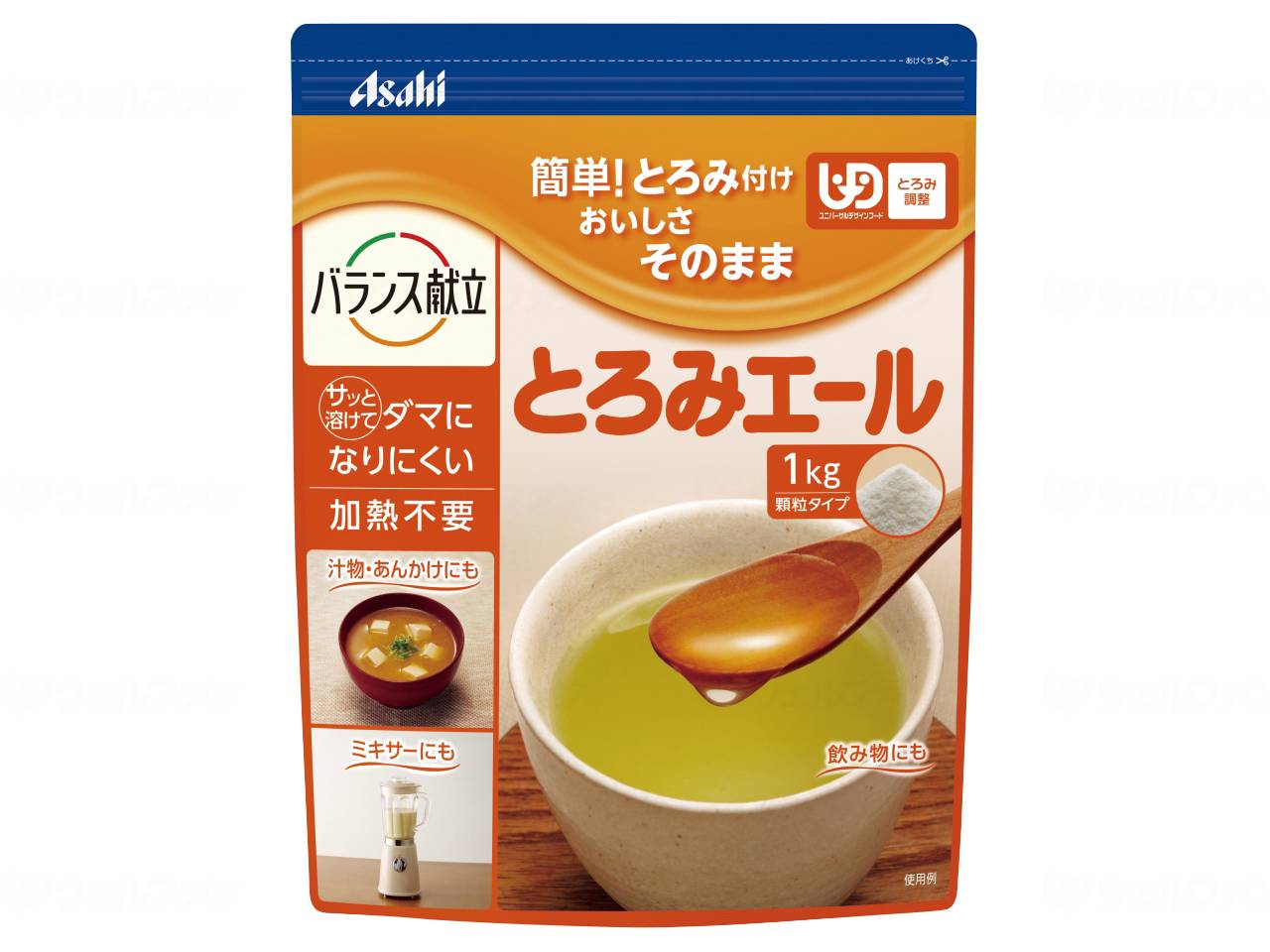 食事関連 食品・健康食品 ・サッと溶けてダマになりにくい。食品本来のおいしさ・香りそのままに。・溶解性に優れダマになりにくい設計。・増粘剤特有の臭いや、苦味、えぐ味がありません。 ●原材料／デキストリン、増粘多糖類、クエン酸Na、乳酸Ca●栄養成分／（100g当たり）エネルギー274kcal、たんぱく質0.4g、脂質0.0g、炭水化物88.3g、糖質67.7g、食物繊維20.6g、カリウム17mg、カルシウム197mg、食塩相当量4.3g●使用量目安（お茶（60℃）100mLに対して）／フレンチドレッシング状：0.8g、とんかつソース状：1.6g、ケチャップ状：3.2g●賞味期限／製造後2年●ユニバーサルデザインフード〈とろみ調整〉●生産国／日本●ケース入数/6食事関連 食品・健康食品 ・サッと溶けてダマになりにくい。食品本来のおいしさ・香りそのままに。・溶解性に優れダマになりにくい設計。・増粘剤特有の臭いや、苦味、えぐ味がありません。 ●原材料／デキストリン、増粘多糖類、クエン酸Na、乳酸Ca●栄養成分／（100g当たり）エネルギー274kcal、たんぱく質0.4g、脂質0.0g、炭水化物88.3g、糖質67.7g、食物繊維20.6g、カリウム17mg、カルシウム197mg、食塩相当量4.3g●使用量目安（お茶（60℃）100mLに対して）／フレンチドレッシング状：0.8g、とんかつソース状：1.6g、ケチャップ状：3.2g●賞味期限／製造後2年●ユニバーサルデザインフード〈とろみ調整〉●生産国／日本●ケース入数/6