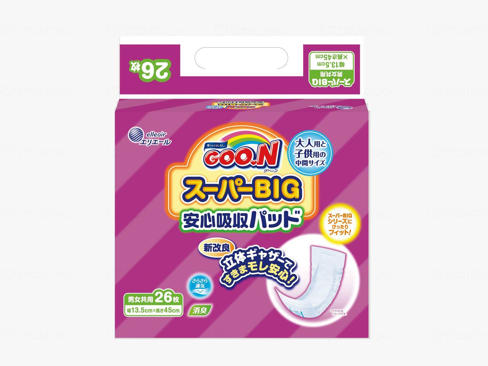 サイズ・重量 重量- コメント 〇GOO.NスーパーBIGシリーズにぴったりサイズ GOO.NスーパーBIGシリーズにすっぽり収まるサイズだから、装着が簡単。ぴったりのサイズなので、スキマができずモレ安心。 〇気になる足まわりのモレも安心！ 〇横モレ安心 パッドの立体ギャザーと、併用する紙おむつの足まわりのギャザーで横モレをしっかりガード！！ 〇ムレ軽減でお肌さらさら 面通気性バックシート※採用※バックシートの素材に全面通気性シートを使用しています。 〇安心の吸収力 おしっこ2回分※をしっかり吸収。がっちり尿を閉じ込めます。※1回の吸収量を120ccとした時。 〇気になるニオイを軽減 消臭機能付き吸収体採用 材質・原材料 〇表面材：ポリオレフィン系不織布 〇吸水材：綿状パルプ 吸収紙 高分子吸収材 〇防水材：ポリオレフィン系フィルム 〇止着材：スチレン系合成樹脂等 〇伸縮材：ポリウレタン 〇結合材：スチレン系合成樹脂等 規格 26枚入×6袋 規格詳細 幅13.5cm×長さ45cmサイズ・重量 重量- コメント 〇GOO.NスーパーBIGシリーズにぴったりサイズ GOO.NスーパーBIGシリーズにすっぽり収まるサイズだから、装着が簡単。ぴったりのサイズなので、スキマができずモレ安心。 〇気になる足まわりのモレも安心！ 〇横モレ安心 パッドの立体ギャザーと、併用する紙おむつの足まわりのギャザーで横モレをしっかりガード！！ 〇ムレ軽減でお肌さらさら 面通気性バックシート※採用※バックシートの素材に全面通気性シートを使用しています。 〇安心の吸収力 おしっこ2回分※をしっかり吸収。がっちり尿を閉じ込めます。※1回の吸収量を120ccとした時。 〇気になるニオイを軽減 消臭機能付き吸収体採用 材質・原材料 〇表面材：ポリオレフィン系不織布 〇吸水材：綿状パルプ 吸収紙 高分子吸収材 〇防水材：ポリオレフィン系フィルム 〇止着材：スチレン系合成樹脂等 〇伸縮材：ポリウレタン 〇結合材：スチレン系合成樹脂等 規格 26枚入×6袋 規格詳細 幅13.5cm×長さ45cm