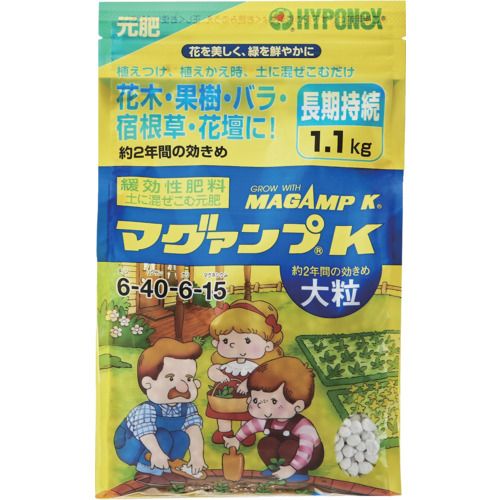 【特長】●土に混ぜ込む緩効性肥料です。●約2年間の効き目です。●1回与えるだけで、ゆっくり長く効き続け、植物の生育を良くします。●リンサン効果で丈夫な根をつくり、花・実つきを良くします。●花木や果樹、バラや宿根草、山野草などの比較的植え替えの少ない植物に適しています。【用途】●花木や果樹、バラや宿根草、山野草などの育成に。【仕様】●容量(kg)：1.1【仕様2】●N-P-K-Mg=6-40-6-15　マグネシウム配合【注意】●各都道府県知事あてに肥料販売届の届け出が必要です。●使用前には必ず使用説明をお読みの上、正しくお使いください。【特長】●土に混ぜ込む緩効性肥料です。●約2年間の効き目です。●1回与えるだけで、ゆっくり長く効き続け、植物の生育を良くします。●リンサン効果で丈夫な根をつくり、花・実つきを良くします。●花木や果樹、バラや宿根草、山野草などの比較的植え替えの少ない植物に適しています。【用途】●花木や果樹、バラや宿根草、山野草などの育成に。【仕様】●容量(kg)：1.1【仕様2】●N-P-K-Mg=6-40-6-15　マグネシウム配合【注意】●各都道府県知事あてに肥料販売届の届け出が必要です。●使用前には必ず使用説明をお読みの上、正しくお使いください。