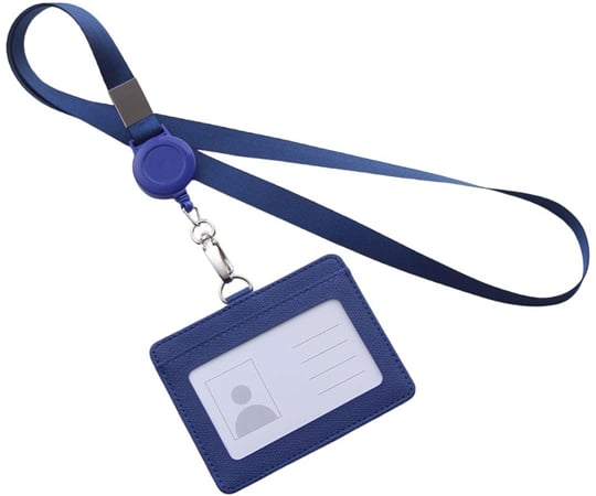 リール式平紐ネックストラップ名刺・IDカードホルダー付き横型ブルー　TR-STP023-BL1個