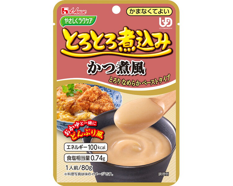 【特徴・コメント】・味わい豊かな、なめらかで食べやすいペースト状介護食。 ・すりつぶした豚肉と、玉ねぎのうまみがとけこんだ、甘辛つゆ風味のかつ煮風ペーストです。【仕様】●原材料／小麦粉（国内製造）、砂糖、牛脂豚脂混合油、デキストリン、しょう油、豚肉、パン粉、ゼラチン、玉ねぎエキス、パーム油、ポークエキス、みりん風発酵調味料、ブラウンルウ、酵母エキス、加糖卵黄、香辛料／増粘剤（加工デンプン、キサンタンガム）、調味料（アミノ酸等）、香料、乳化剤、酸味料、（一部に卵・小麦・牛肉・大豆・鶏肉・豚肉・ゼラチンを含む） ●栄養成分／（80g当たり）エネルギー100kcal、たんぱく質3.0g、脂質4.5g、炭水化物11.9g、食塩相当量0.74g ●アレルギー／卵・小麦・牛肉・大豆・鶏肉・豚肉・ゼラチン ●賞味期限／製造後1年6ヶ月 ●ユニバーサルデザインフード／かまなくてよい（区分4） ●生産国／日本 ●ケース入数/40【特徴・コメント】・味わい豊かな、なめらかで食べやすいペースト状介護食。 ・すりつぶした豚肉と、玉ねぎのうまみがとけこんだ、甘辛つゆ風味のかつ煮風ペーストです。【仕様】●原材料／小麦粉（国内製造）、砂糖、牛脂豚脂混合油、デキストリン、しょう油、豚肉、パン粉、ゼラチン、玉ねぎエキス、パーム油、ポークエキス、みりん風発酵調味料、ブラウンルウ、酵母エキス、加糖卵黄、香辛料／増粘剤（加工デンプン、キサンタンガム）、調味料（アミノ酸等）、香料、乳化剤、酸味料、（一部に卵・小麦・牛肉・大豆・鶏肉・豚肉・ゼラチンを含む） ●栄養成分／（80g当たり）エネルギー100kcal、たんぱく質3.0g、脂質4.5g、炭水化物11.9g、食塩相当量0.74g ●アレルギー／卵・小麦・牛肉・大豆・鶏肉・豚肉・ゼラチン ●賞味期限／製造後1年6ヶ月 ●ユニバーサルデザインフード／かまなくてよい（区分4） ●生産国／日本 ●ケース入数/40