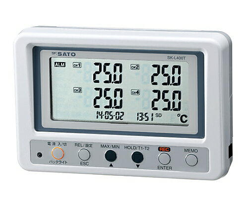 4ヶ所の温度を同時測定 ・記憶しながらモニター管理も可能です ・K熱電対用ASTM（旧ANSI）ミニチュアコネクタを採用しており、様々なオプションセンサを接続することができます ・測定したデータは大きな液晶で表示します。暗所での読み取りに便利なバックライト機能を搭載しています。 ・SDカードに測定値を記録 ・4チャンネルそれぞれに独立した上下限警報の設定が可能です。測定値が警報設定値を超えるとブザー音およびLEDランプが点滅してお知らせします ・専用解析ソフトウェアを標準付属（CD）※解析ソフトウェアの特長　（最新のソフトウェアは弊社ホームページからもダウンロード可能です）?SDカードから記録データを読み込み、グラフ表示ができます。?各チャンネルごとに、最高値・最低値および平均値を自動算出します。?積算温度を算出しますので、累積の温度値を解析する場合に最適です。?マーカ設定により、特定の温度値を超えているポイントや特定の温度範囲内であることを簡単に解析することができます。?データをCSV形式で保存した場合、市販の表計算ソフトでデータ解析ができます。 ・最高値（MAX）/最低値（MIN）表示、相対値表示（REL機能）、温度差表示（T1-T2機能）、オフセット機能と多彩な機能を搭載しています。 ・手動記録や記録スタート/ストップ時刻を設定できる予約記録、現在の測定値をすぐに記録できるメモ機能を搭載 ・長期間の記録やモニターご使用時にオプションでACアダプタもご用意しております ・本体は壁掛けや三脚取付け、デスクトップと多彩な設置方法が可能 ・ご注意：本器は指示計のみで使用にはセンサが必要です表示範囲：-202.0〜1372℃ ・本体精度：±（0.3％Rdg+1）℃at23℃±5℃※測定精度は接続するセンサによって異なります ・温度係数：±（0.01％Rdg+0.1）℃/℃（18〜28℃以外） ・分解能：　0.1　℃/-202.0〜999.9℃、1　℃/左記以外 ・測定サンプリング：約1秒 ・記録間隔：1秒、2秒、5秒、10秒、15秒、30秒、1分、2分、5分、10分、15分、30分、60分、90分 ・電源：単3形アルカリ乾電池4本または、単3ニッケル水素充電池4本、専用ACアダプタ（オプション） ・電池寿命：約500時間※常温、アルカリ乾電池使用、記録間隔1分、バックライトOFF、測定値表示OFFのとき ・材質：ABS樹脂 ・寸法：約（W）158×（H）106×（D）40mm ・質量：約420g（電池含む） ・付属品：単3形アルカリ乾電池4本、SDカード（8GB）1枚、専用解析ソフトウェアCD-ROm1枚、取扱説明書1部、キャリングケース1個 ・コード番号：8191-004ヶ所の温度を同時測定 ・記憶しながらモニター管理も可能です ・K熱電対用ASTM（旧ANSI）ミニチュアコネクタを採用しており、様々なオプションセンサを接続することができます ・測定したデータは大きな液晶で表示します。暗所での読み取りに便利なバックライト機能を搭載しています。 ・SDカードに測定値を記録 ・4チャンネルそれぞれに独立した上下限警報の設定が可能です。測定値が警報設定値を超えるとブザー音およびLEDランプが点滅してお知らせします ・専用解析ソフトウェアを標準付属（CD）※解析ソフトウェアの特長　（最新のソフトウェアは弊社ホームページからもダウンロード可能です）?SDカードから記録データを読み込み、グラフ表示ができます。?各チャンネルごとに、最高値・最低値および平均値を自動算出します。?積算温度を算出しますので、累積の温度値を解析する場合に最適です。?マーカ設定により、特定の温度値を超えているポイントや特定の温度範囲内であることを簡単に解析することができます。?データをCSV形式で保存した場合、市販の表計算ソフトでデータ解析ができます。 ・最高値（MAX）/最低値（MIN）表示、相対値表示（REL機能）、温度差表示（T1-T2機能）、オフセット機能と多彩な機能を搭載しています。 ・手動記録や記録スタート/ストップ時刻を設定できる予約記録、現在の測定値をすぐに記録できるメモ機能を搭載 ・長期間の記録やモニターご使用時にオプションでACアダプタもご用意しております ・本体は壁掛けや三脚取付け、デスクトップと多彩な設置方法が可能 ・ご注意：本器は指示計のみで使用にはセンサが必要です表示範囲：-202.0〜1372℃ ・本体精度：±（0.3％Rdg+1）℃at23℃±5℃※測定精度は接続するセンサによって異なります ・温度係数：±（0.01％Rdg+0.1）℃/℃（18〜28℃以外） ・分解能：　0.1　℃/-202.0〜999.9℃、1　℃/左記以外 ・測定サンプリング：約1秒 ・記録間隔：1秒、2秒、5秒、10秒、15秒、30秒、1分、2分、5分、10分、15分、30分、60分、90分 ・電源：単3形アルカリ乾電池4本または、単3ニッケル水素充電池4本、専用ACアダプタ（オプション） ・電池寿命：約500時間※常温、アルカリ乾電池使用、記録間隔1分、バックライトOFF、測定値表示OFFのとき ・材質：ABS樹脂 ・寸法：約（W）158×（H）106×（D）40mm ・質量：約420g（電池含む） ・付属品：単3形アルカリ乾電池4本、SDカード（8GB）1枚、専用解析ソフトウェアCD-ROm1枚、取扱説明書1部、キャリングケース1個 ・コード番号：8191-00