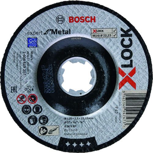 特長:●鉄・非金属の切断で、高い要求に応えます。●新・砥石交換システム「X-LOCK」対応オフセット型砥石です。 用途:●鉄、非鉄金属の切断作業に。●オフセット型の切断砥石、面一切断に。 仕様:●砥材：A●粒度(#)：30●硬度：ソフト●外径(mm)：125●刃厚(mm)：2.5●穴径(mm)：22.23●最高使用周速度(m/s)：80●厚さ(mm)：2.5 仕様2:●125Φx22.23x2.5mm A 30 S BF●最高週速度80m/s 材質／仕上:●褐色アルミナA30SBF特長:●鉄・非金属の切断で、高い要求に応えます。●新・砥石交換システム「X-LOCK」対応オフセット型砥石です。 用途:●鉄、非鉄金属の切断作業に。●オフセット型の切断砥石、面一切断に。 仕様:●砥材：A●粒度(#)：30●硬度：ソフト●外径(mm)：125●刃厚(mm)：2.5●穴径(mm)：22.23●最高使用周速度(m/s)：80●厚さ(mm)：2.5 仕様2:●125Φx22.23x2.5mm A 30 S BF●最高週速度80m/s 材質／仕上:●褐色アルミナA30SBF