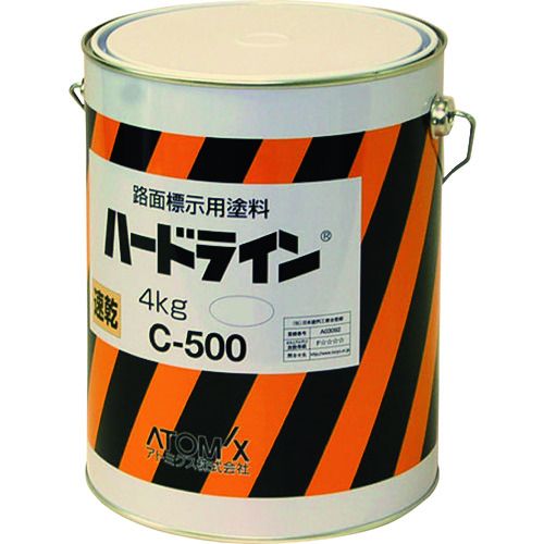 特長:●超速乾のパーキングライン塗料です。●最短6〜7分、標準で約15分で交通解放が可能です。●耐久性、作業性が良い。●車の重圧、車輪の摩耗に強く、初心者でも上手に塗れます。●別売りの「ハードライン専用反射ビーズ」を使用すると夜間反射性が良くなります。 用途:●駐車場(パーキング)、工場構内の通行区分、道路（私道）や倉庫・商店などの線引き・ライン引きに。 仕様:●色：白●容量(kg)：4●タイプ：油性変性アルキッド●乾燥時間：15分(23℃)●塗り重ね可能時間：30分(23℃)●塗り重ね回数：2●塗布面積(［［M2］］)：15cm幅で38〜53m 仕様2:●乾燥時間：15分(23℃)●塗り重ね可能時間：30分(23℃)●塗布面積：15cm幅で38〜53m（2回塗り）●ホルムアルデヒド放散F☆☆☆☆ 材質／仕上:●アルキド樹脂 注意:●この塗料は業務用です。●有識者もしくは、本塗料の塗装経験者以外の方はご使用にならないでください。●ハードラインC-500は、通常無希釈で塗装してください。●夏期炎天下などでの施工の場合、塗料中の溶剤の揮発が速いため、作業性が劣ることがあります。●この場合、揮発した溶剤を補う為、塗料用シンナーAを最小限(10%以下)加えて充分撹拌し塗装してください。特長:●超速乾のパーキングライン塗料です。●最短6〜7分、標準で約15分で交通解放が可能です。●耐久性、作業性が良い。●車の重圧、車輪の摩耗に強く、初心者でも上手に塗れます。●別売りの「ハードライン専用反射ビーズ」を使用すると夜間反射性が良くなります。 用途:●駐車場(パーキング)、工場構内の通行区分、道路（私道）や倉庫・商店などの線引き・ライン引きに。 仕様:●色：白●容量(kg)：4●タイプ：油性変性アルキッド●乾燥時間：15分(23℃)●塗り重ね可能時間：30分(23℃)●塗り重ね回数：2●塗布面積(［［M2］］)：15cm幅で38〜53m 仕様2:●乾燥時間：15分(23℃)●塗り重ね可能時間：30分(23℃)●塗布面積：15cm幅で38〜53m（2回塗り）●ホルムアルデヒド放散F☆☆☆☆ 材質／仕上:●アルキド樹脂 注意:●この塗料は業務用です。●有識者もしくは、本塗料の塗装経験者以外の方はご使用にならないでください。●ハードラインC-500は、通常無希釈で塗装してください。●夏期炎天下などでの施工の場合、塗料中の溶剤の揮発が速いため、作業性が劣ることがあります。●この場合、揮発した溶剤を補う為、塗料用シンナーAを最小限(10%以下)加えて充分撹拌し塗装してください。