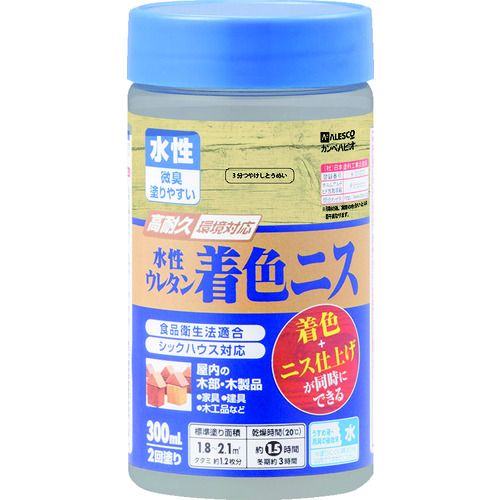 特長:●臭いが少なく、塗りやすい水性ニスです。●摩擦や衝撃に強く、耐久性に優れた高性能ウレタン樹脂塗料です。●シックハウスに対応したF☆☆☆☆であり、食品衛生法に適合した安全性の高いニスです。 用途:●家具、建具、木工品など屋内の木部・木製品に。 仕様:●色：3分つや透明●容量(L)：0.3●乾燥時間：約1.5時間（20℃）、冬期約3時間●塗り重ね可能時間：3時間以上(20℃)、冬期6時間以上●塗布面積(［［M2］］)：1.8〜2.1（2回塗り） 仕様2:●色●3分つや透明●容量(L)●0.3●塗布面積(［［M2］］)●1.8〜2.1（2回塗り） 材質／仕上:●合成樹脂（ウレタン）●防カビ剤●水●水特長:●臭いが少なく、塗りやすい水性ニスです。●摩擦や衝撃に強く、耐久性に優れた高性能ウレタン樹脂塗料です。●シックハウスに対応したF☆☆☆☆であり、食品衛生法に適合した安全性の高いニスです。 用途:●家具、建具、木工品など屋内の木部・木製品に。 仕様:●色：3分つや透明●容量(L)：0.3●乾燥時間：約1.5時間（20℃）、冬期約3時間●塗り重ね可能時間：3時間以上(20℃)、冬期6時間以上●塗布面積(［［M2］］)：1.8〜2.1（2回塗り） 仕様2:●色●3分つや透明●容量(L)●0.3●塗布面積(［［M2］］)●1.8〜2.1（2回塗り） 材質／仕上:●合成樹脂（ウレタン）●防カビ剤●水●水